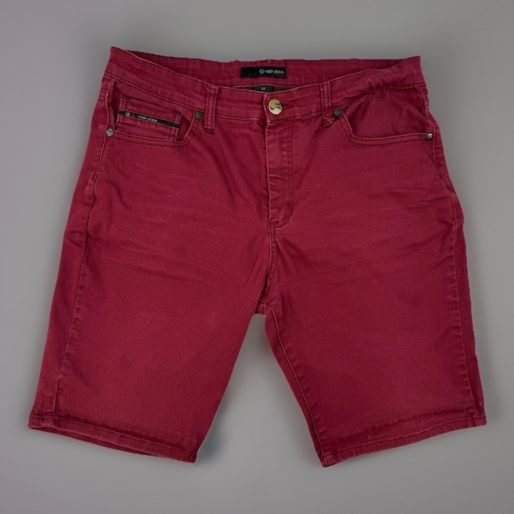 Y2K Biker Moto Slim Denim Shorts Burgundy Red Stretch 34